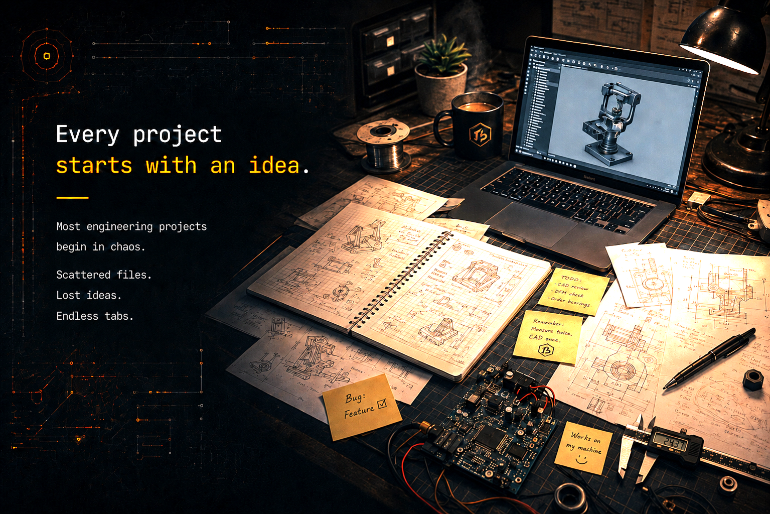 Dark engineering workspace with CAD sketches, notes, electronics, tools and a laptop showing a 3D model.
