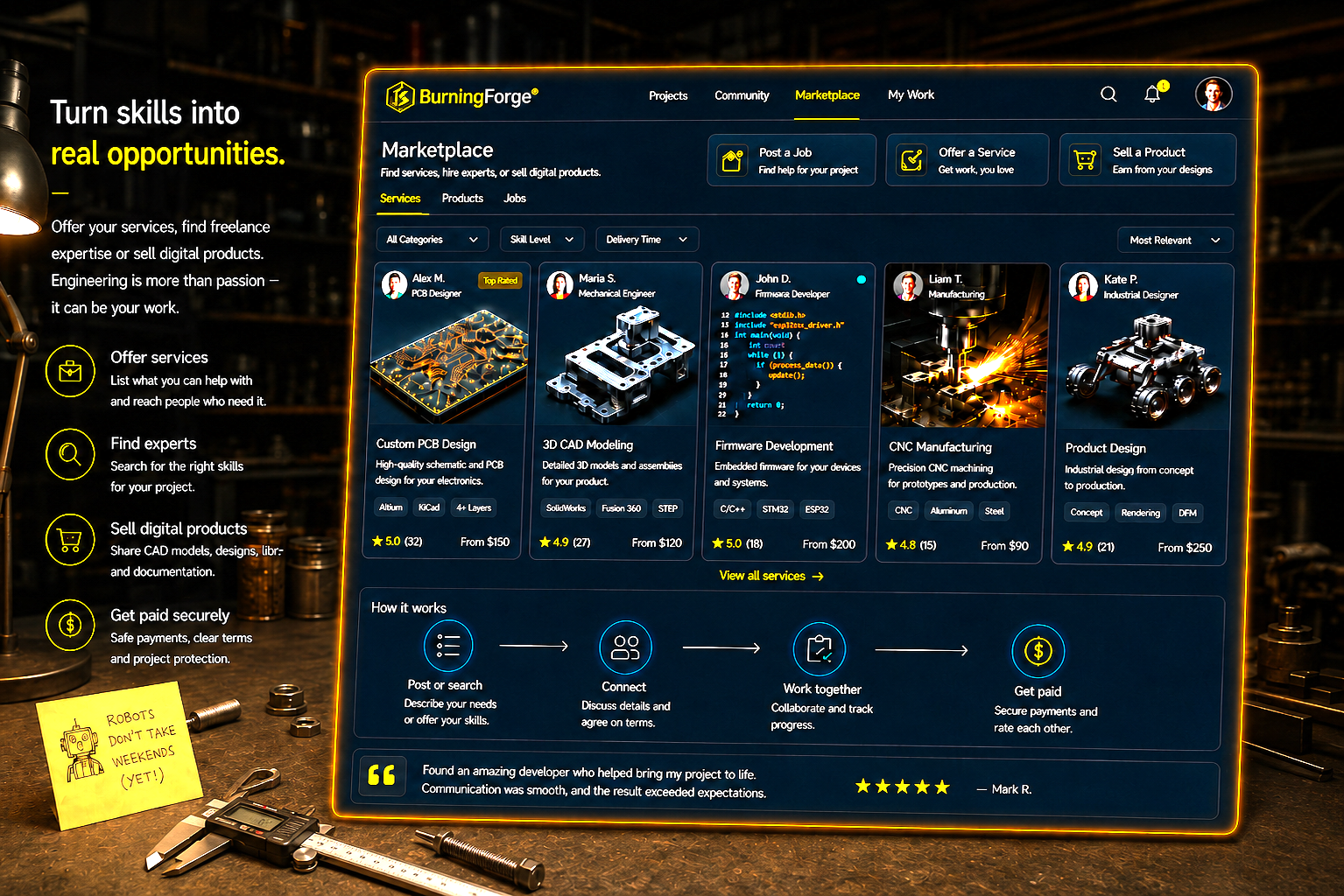 BurningForge marketplace concept with PCB design, 3D CAD modeling, firmware development, CNC manufacturing and product design services.