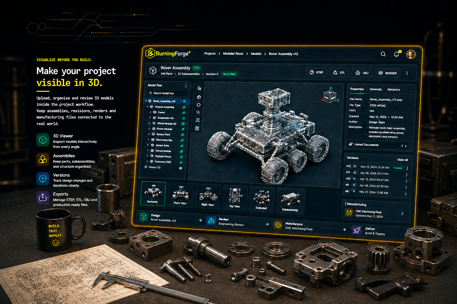 BurningForge 3D model viewer concept showing a rover assembly, model tree, properties, versions and export formats.