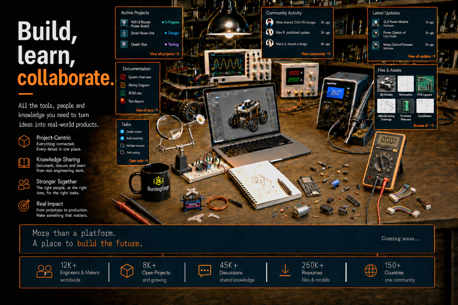Connected engineering workspace with active projects, documentation, tasks, files, discussions, updates and shared resources.